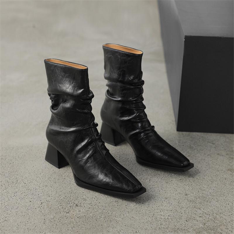 Móda Nový Podzim Zima Dámské Boty Módní Skládané Boty se Čtvercovou Špičkou pro Ženy Krátké Boty Dámské Boty Westernové Boty Zapatos Mujer