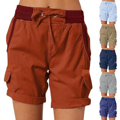 Calças femininas de cor sólida, bolso da moda, cordão, casual, para trabalho, soltas, com elástico na cintura, shorts