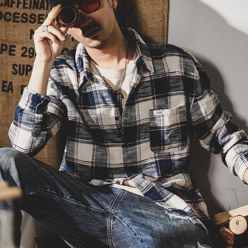 Men's Retro Loose-Fit Plaid Shirt: Heavy, Long Sleeve, Trendy Japanese Style Autumn Jacket