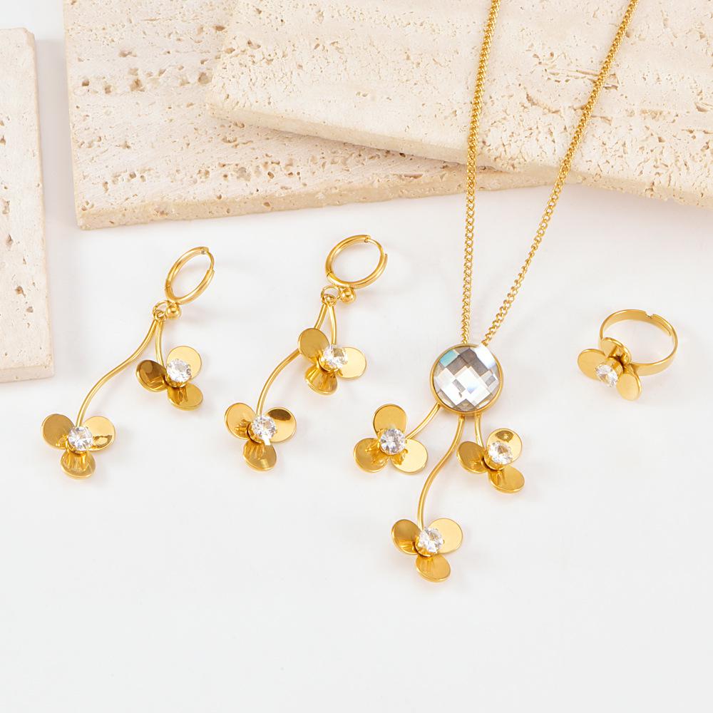 Stainless Steel Pearl Flower Jewelry Set - Necklace, Earrings, Ring