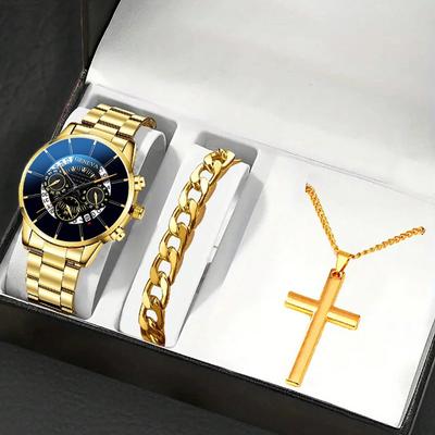 3PCS Set Fashion Luxury Gold Business Quartz Men's Watch Stainless Steel Strap Date & Bracelet & Cross Pendant, Men's Gifts