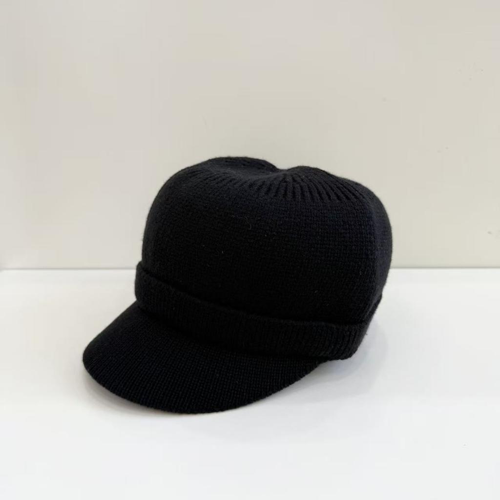 European and American niche black knitted hat, small brim cap, four-season versatile wool hat, small equestrian hat for women