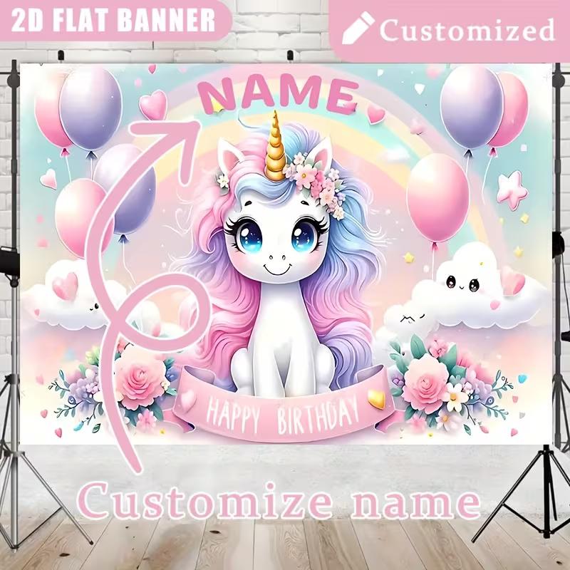 2D Pastel Unicorn Birthday Backdrop, Customizable Kids Party Background