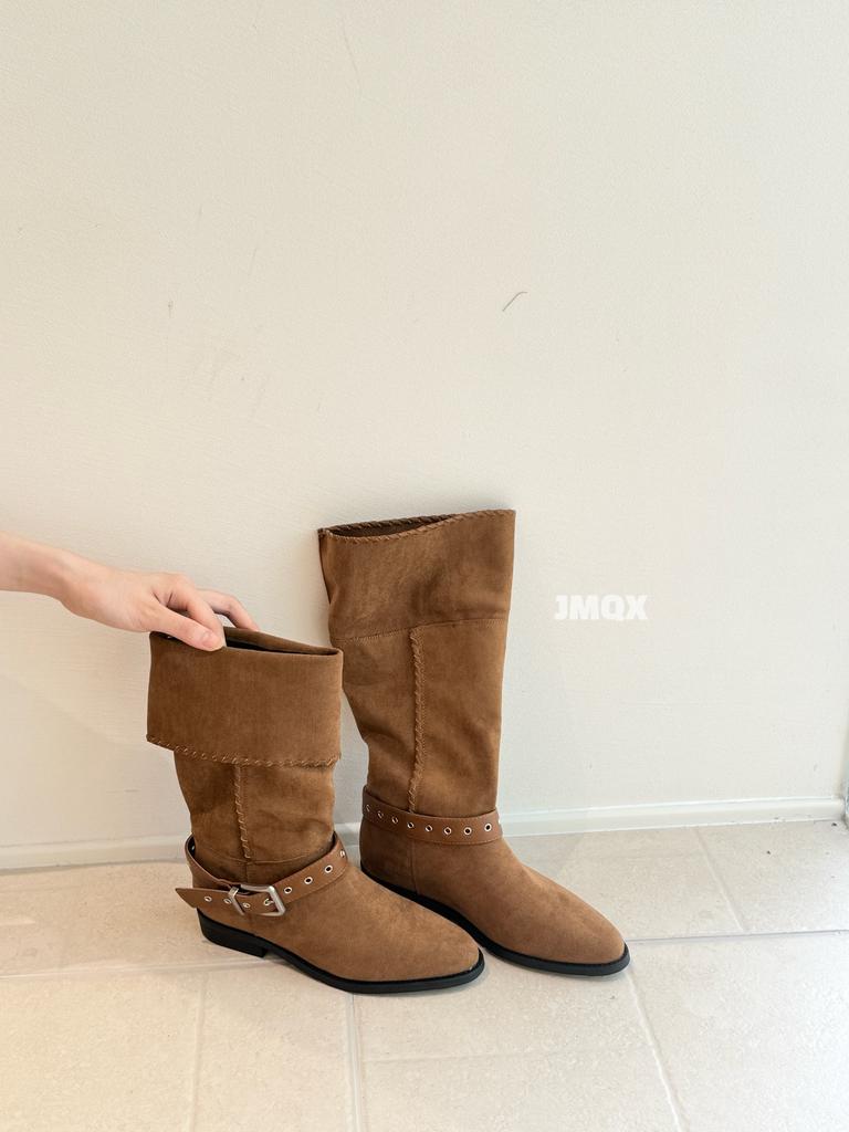 Leather stacking boots 2025 autumn and winter new thick heel buckle western cowboy british style knight boots casual boots