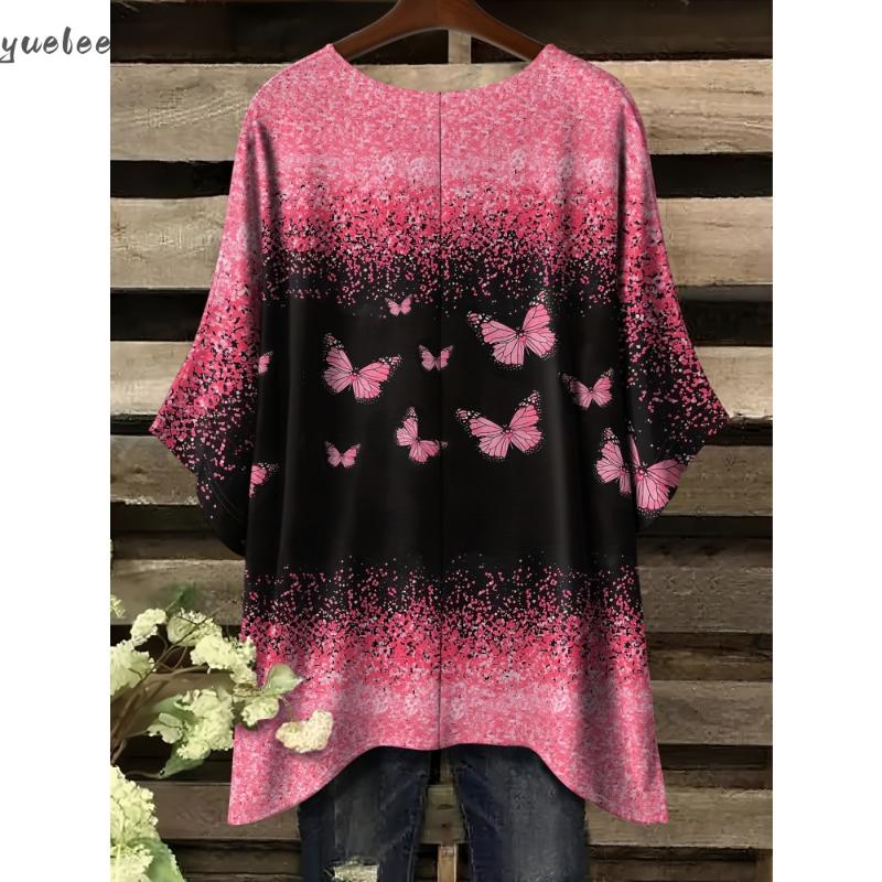 2025 Camiseta Elegante Bohemia para Mujer Estampado Floral de Mariposas Dobladillo Asimétrico Cuello Redondo Versátil y Lavable a Máquina Verano