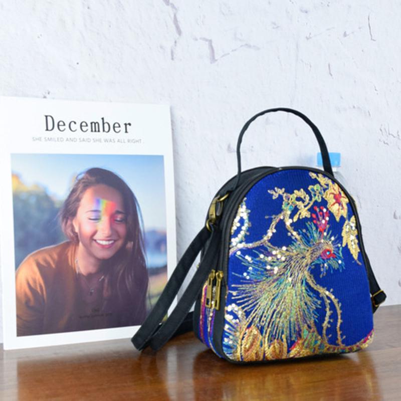 Shiny Sequins Peacock Embroidered Women Canvas Tote Bag  Vintage Zipper Shoulder Bag