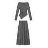Elegant Autumn Two-Piece Set: Long Sleeve Irregular Top & One-Shoulder Midi Skirt