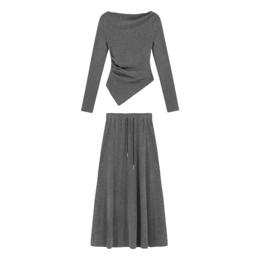 Elegant Autumn Two-Piece Set: Long Sleeve Irregular Top & One-Shoulder Midi Skirt
