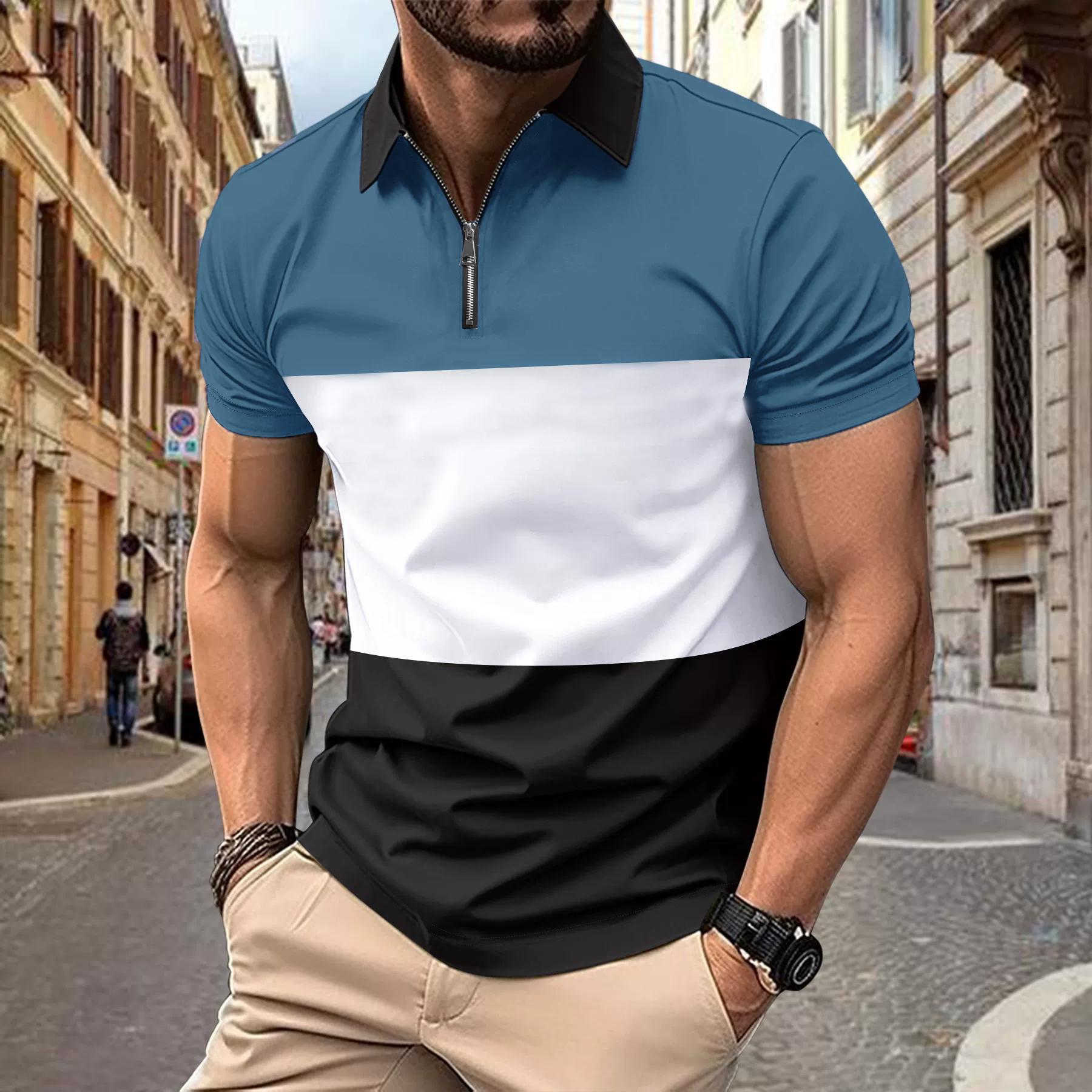 

Мужской летний наряд, рубашка с короткими рукавами и цветными блоками на молнии, повседневный, удобный эластичный топ XL