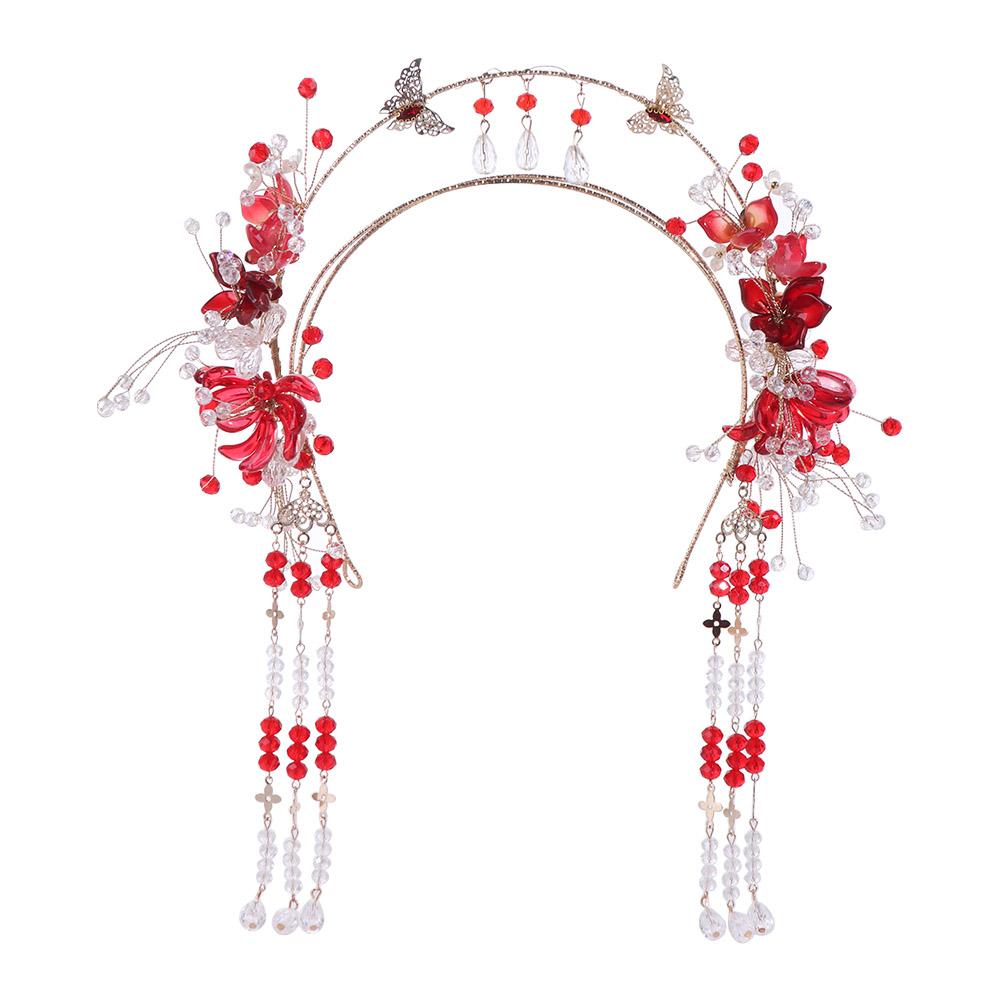 Изысканные свадебные тиары в китайском стиле, роскошные цветочные свадебные головные уборы, кисточки, драгоценные камни, свадебные повязки на голову, аксессуары для волос красный