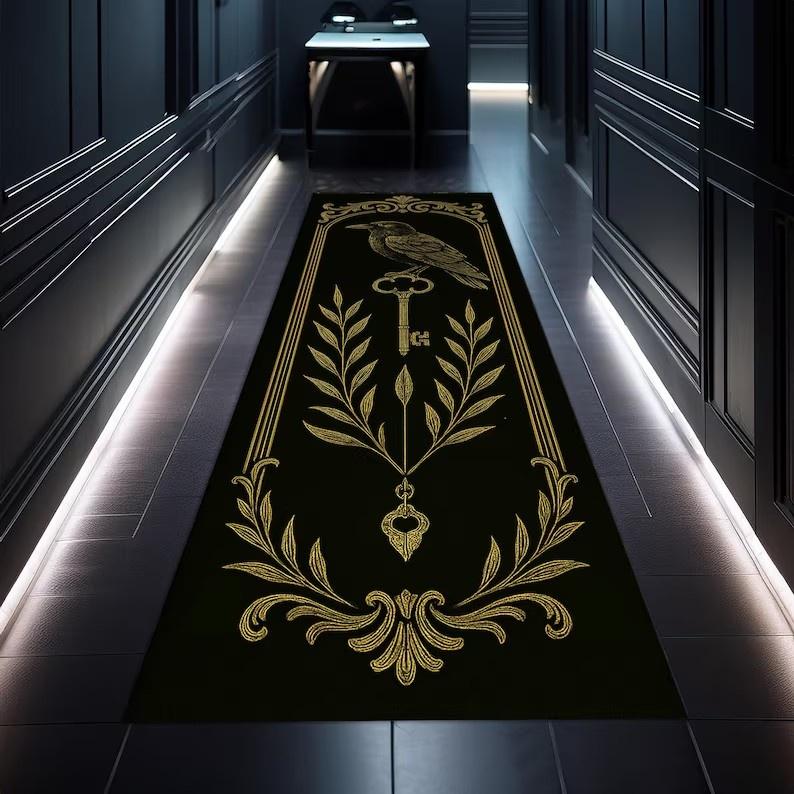 Gothic Dark Runner Rug Owl Moon Black Gold High-end Carpet Porch Corridor Foyer Floor Mat Home Decoration