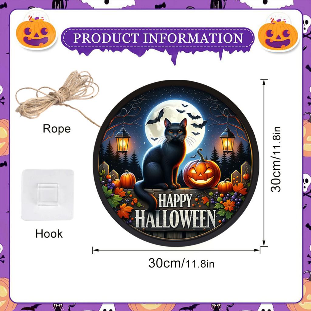 Halloween LED Light Up Hanging Sign Ghost Black Cat Pumpkin Bat Themed Decorative Party Ornament for Indoor Outdoor Display