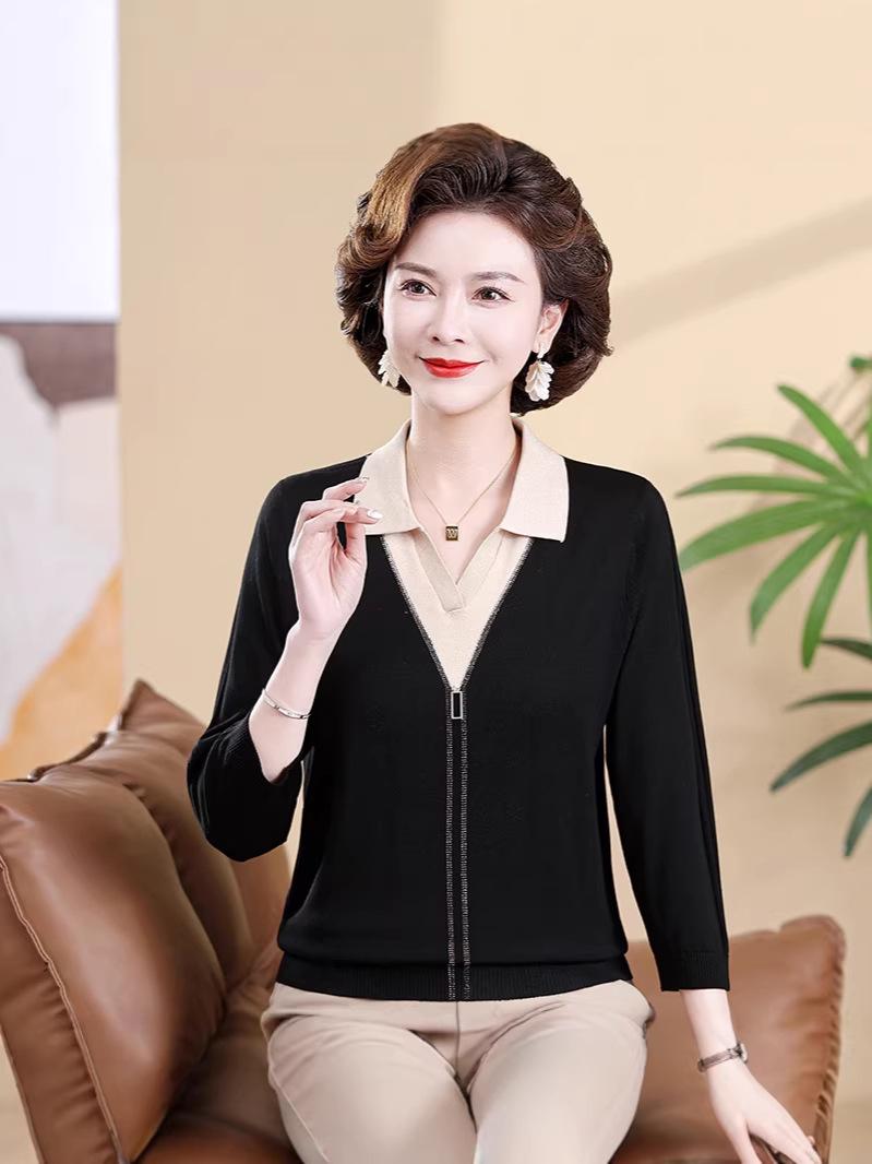

Spring Fashion Knit Top for Middle-Aged Women - Ice Silk, Three-Quarter Sleeve, Lapel T-Shirt M (85-105 jin) чёрный