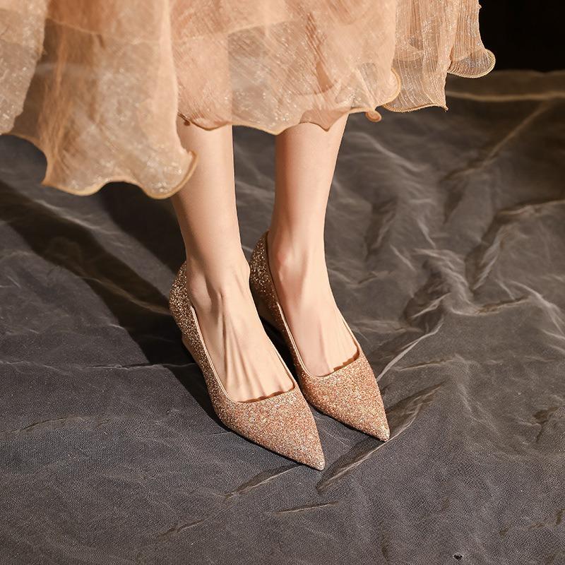 - Tacchi a zeppa sexy da donna, novità primaverile, scarpe da principessa con punta in cristallo, scarpe singole da banchetto per donna