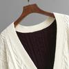 Autumn Winter Vintage Loose Long Sleeve Top Block Color Cardigan Pullover Knitwear Twists V-neck Sweater