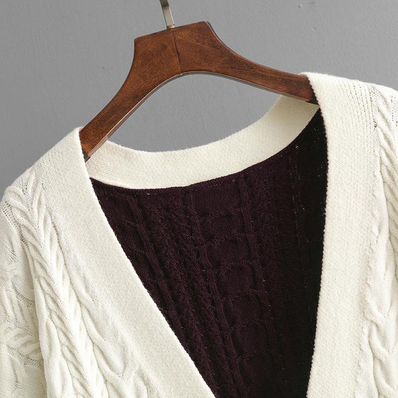 Autumn Winter Vintage Loose Long Sleeve Top Block Color Cardigan Pullover Knitwear Twists V-neck Sweater