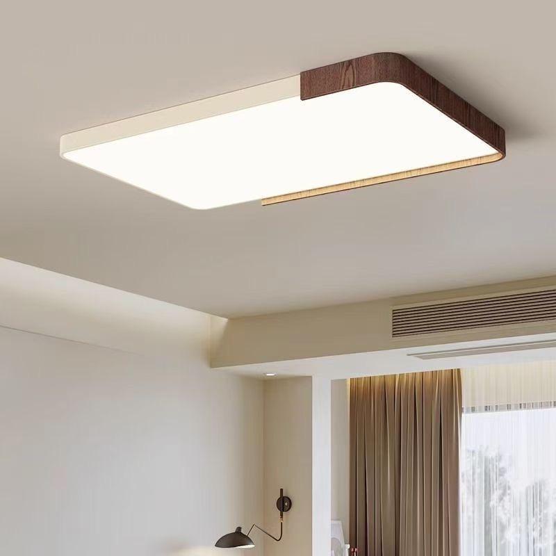 Full Spectrum LED Ceiling Lamp - Wabi-Sabi Style Retro Walnut Rectangular Light for Bedroom and Living Room.