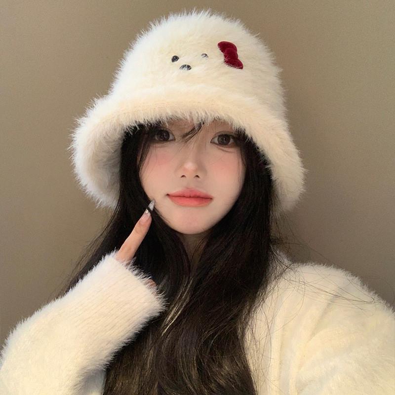 Plush Stylish White Fisherman Hat With Bow For Women Perfect For Winter Fall