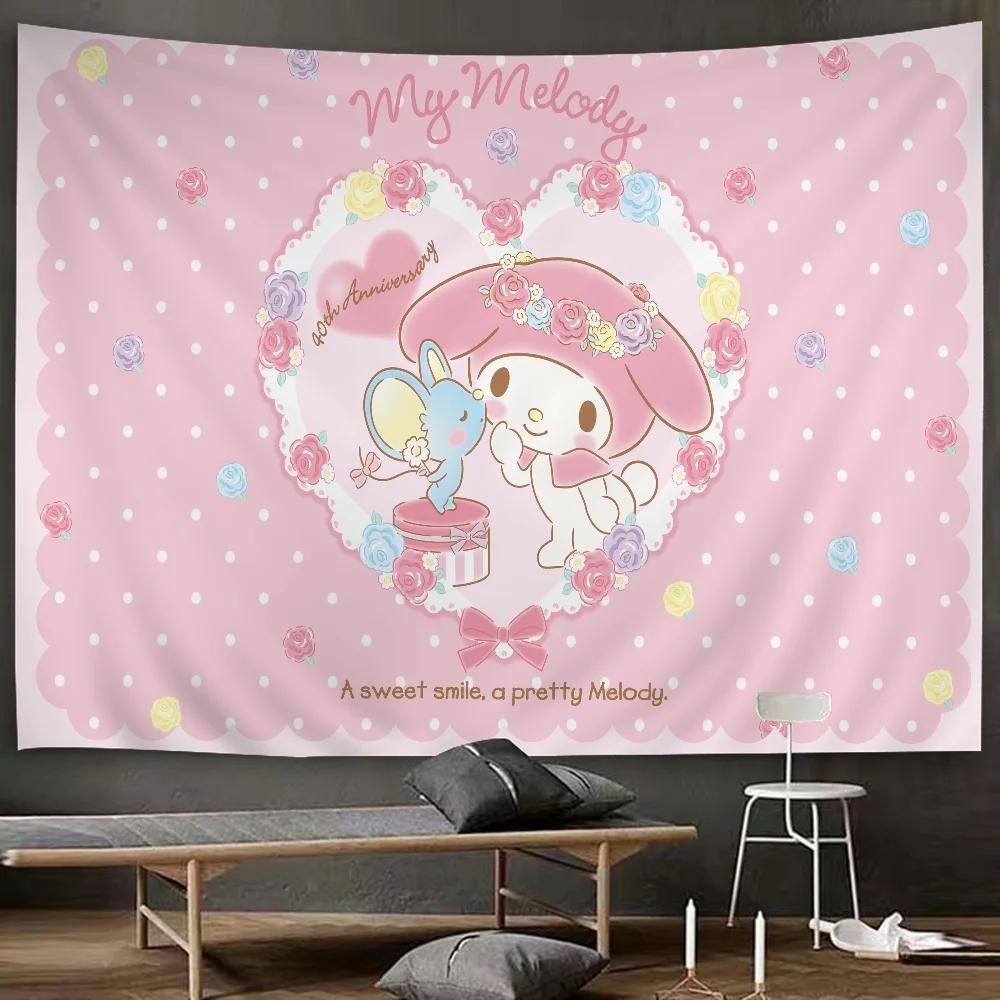 Cute Color Anime Character Design Sanrio My Melody And Floral Tapestry Room Decoration Home Decor Bedroom Wall Hanging Fabric