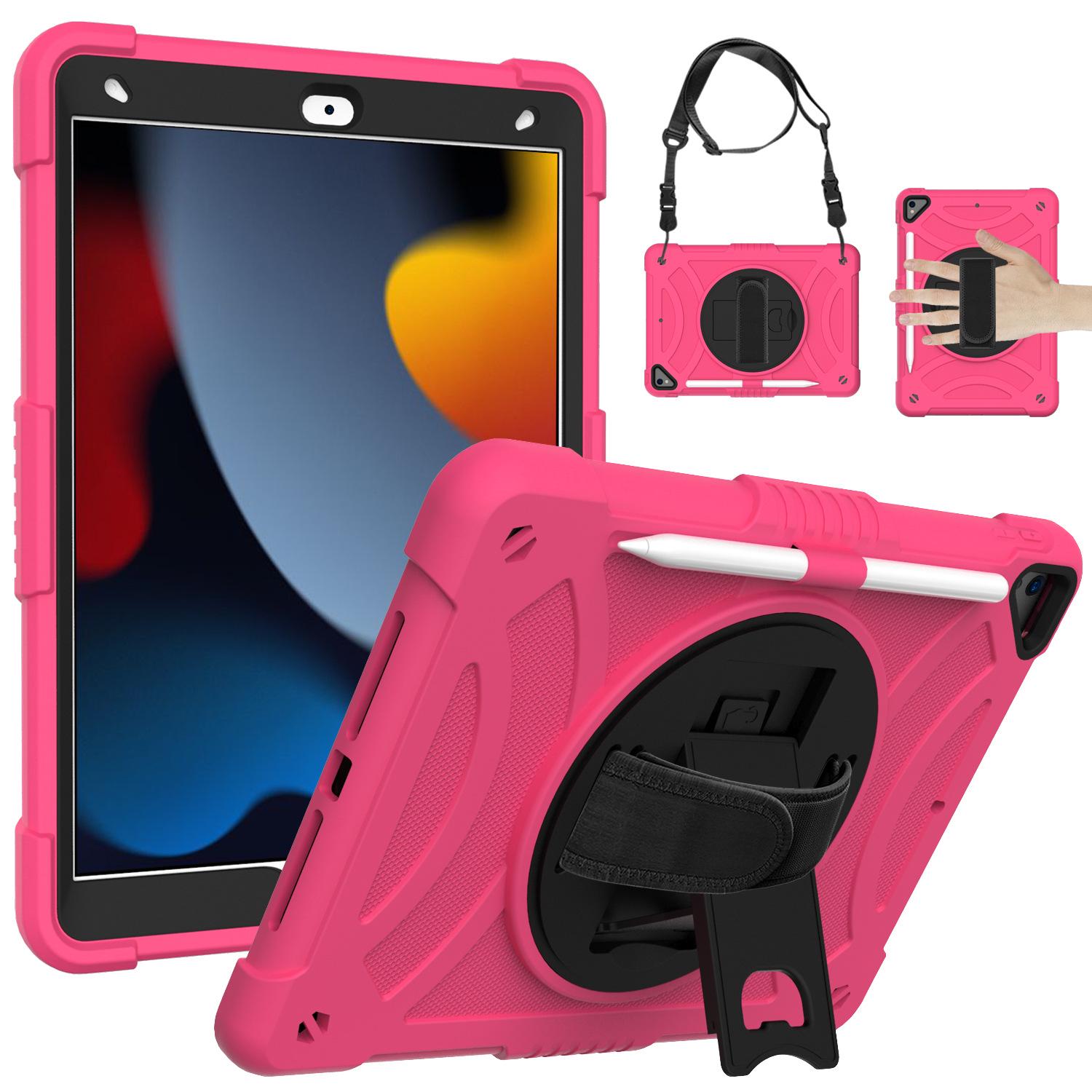 

10.2 Silicone Rotating iPad Case for Apple Air3 - Full Coverage, Child-Friendly iPad 10.2 2019 (Full Set, with Shoulder Strap) фуксія