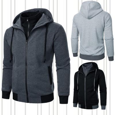 Men's Sports Hoodies Loose Fashion  Fake Two Pieces Slim Fit Contrast Color Hooded Casual  Cardigan Zipper  Coat Yasheng
