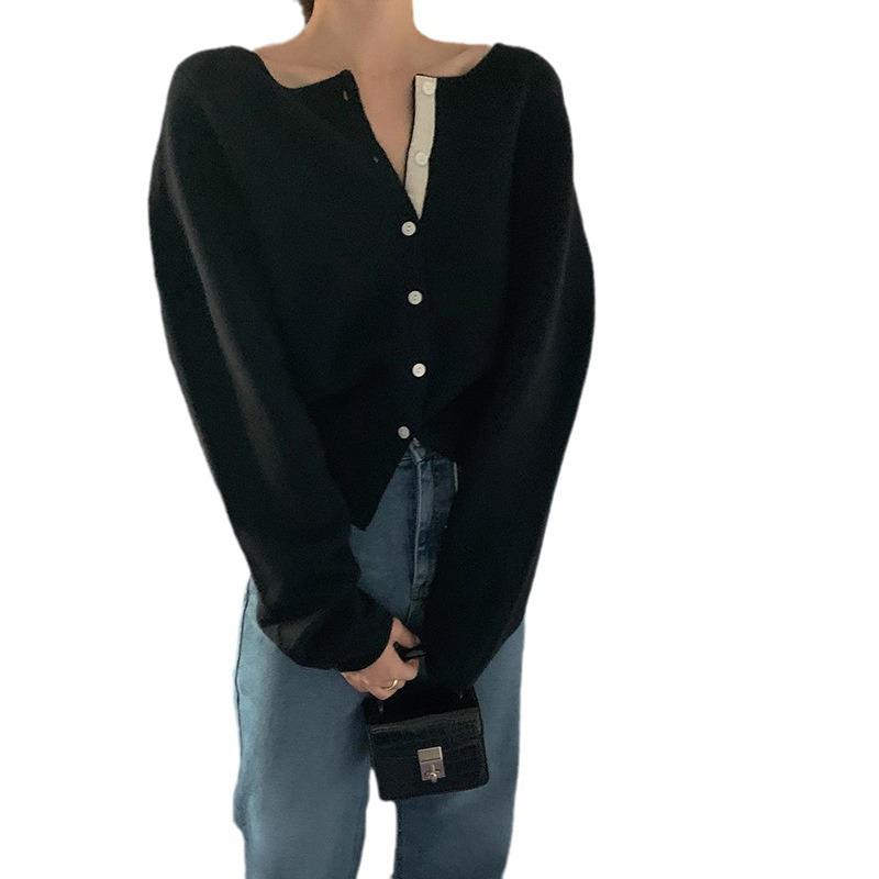 Women's Baby Blue Patchwork Single-Breasted Knitted Cardigan – Korean Style, Autumn Casualwear