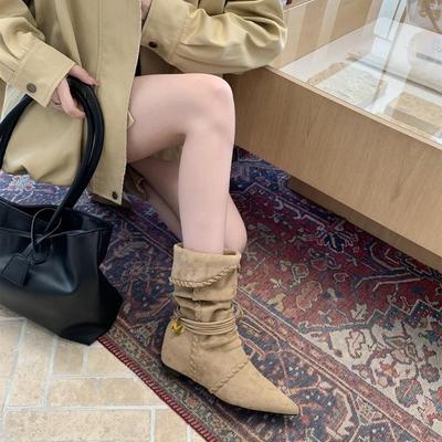 Innere Höhe Erhöhender Spitz Wildleder Skinny Mittelhohe Röhre Ritterstiefel Damenstiefel 2025 Herbst Winter Western Cowboy Pile Stiefel