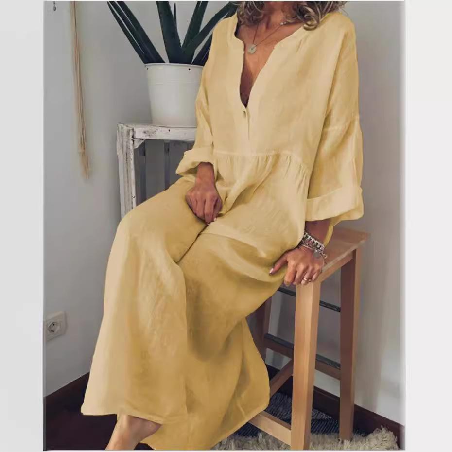 Female Solid Cotton Linen Dresses Holiday Stylish V Neck Long Dress Women Autumn Sundress