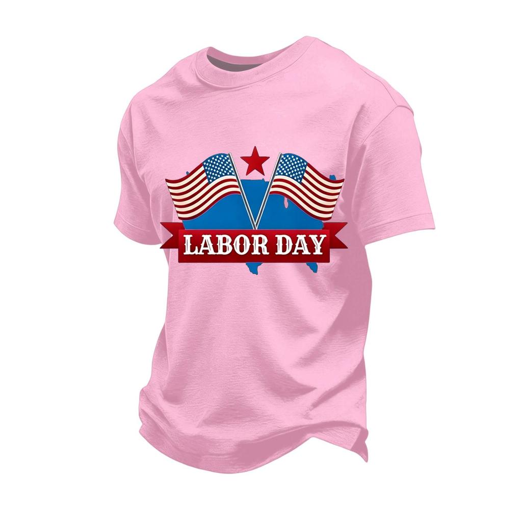 Men's Loose Fit Short Sleeve Casual T-Shirt Labor Day Printed Crew Neck Cotton Blend Top for Everyday Wear