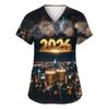 Women's Fashion Printed Short Sleeve V Neck Pattern Tops Pocket Working T-shirts