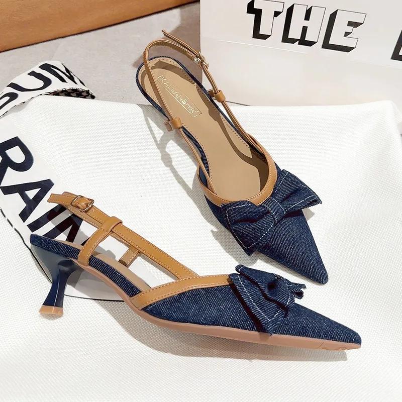Fashion Bow Pointed Toe Heeled Sandals Women's Mid Heels Mules Shoes Elegant Fashion Party Slippers Sexy Pumps Cowboy Ladies Shoes