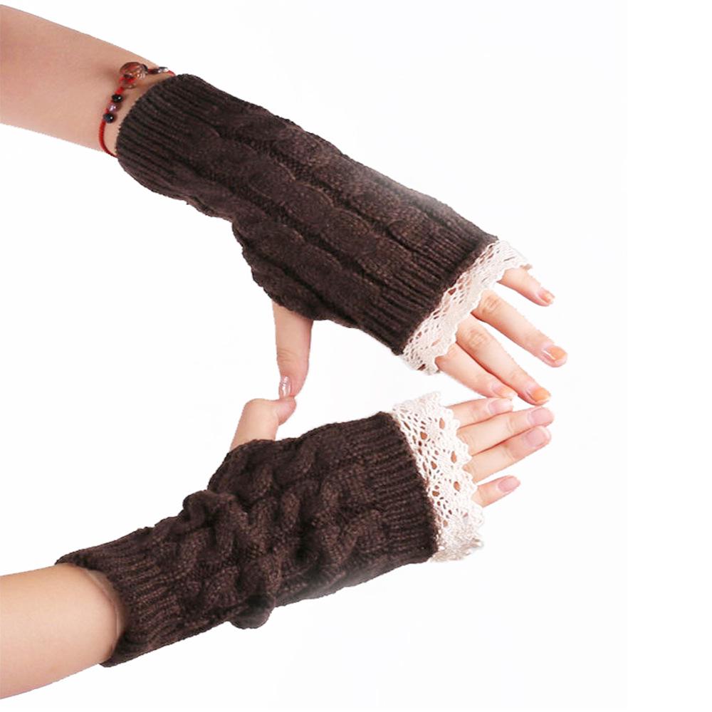 Women's Winter Knit Half-Finger Gloves with Pretty Lace Cuff