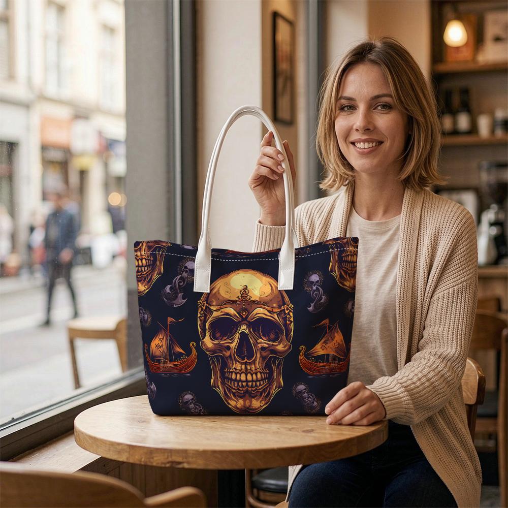 Gothic Skull Pattern Tote Bag Trendy Vintage Daily Shoulder Bag For Outdoor Shopping Travel Use