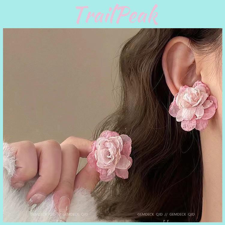 Flower Earrings Pink Chiffon French Romantic Trendy Retro Holiday Style For Women