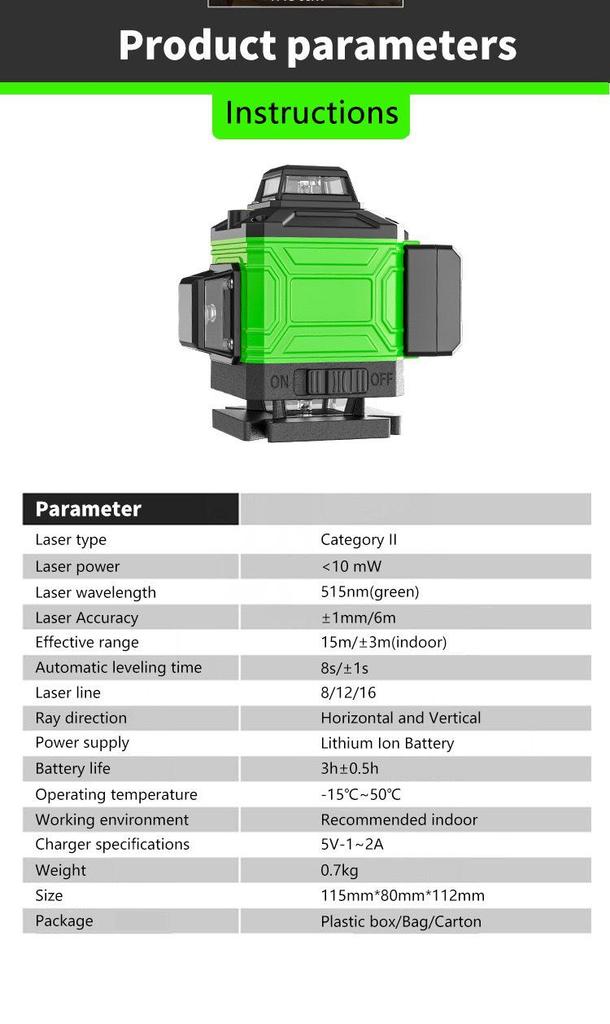 Model A Green Infrared Laser Level with 8/12/16 Lines and Floor/Wall Stickers for Cross-Border Use