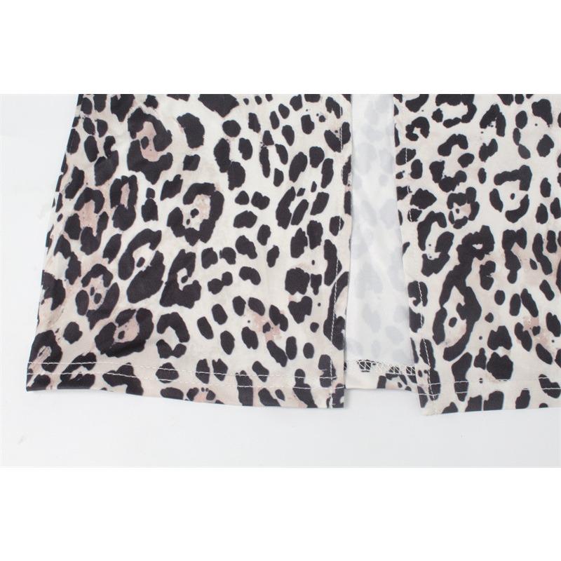 Women's Round Neck Long Sleeve Tight Bag Hip Slit Sexy Hot Casual Fashion Leopard Print Dress