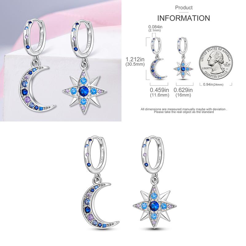 Sparkling Blue Zircon Hoop Earrings Pave U Shape Star Devil Eyes Circle S925 Drop Earring Fit Original Party Jewelry