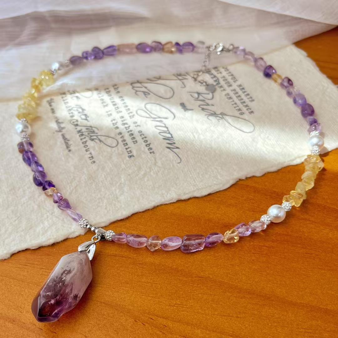

Vintage Maillard Natural Amethyst Citrine Faux Crystal Pearl Necklace Clavicle Chain Sweater Chain