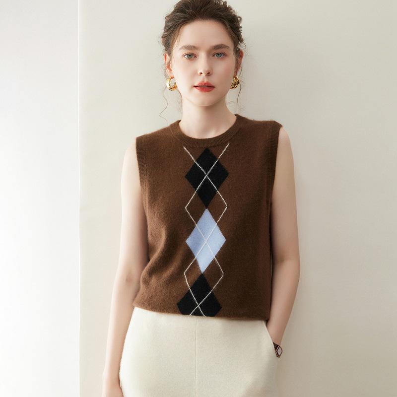 2025 A/W Women's Cashmere Diamond Pattern Sleeveless Knit Sweater Vest
