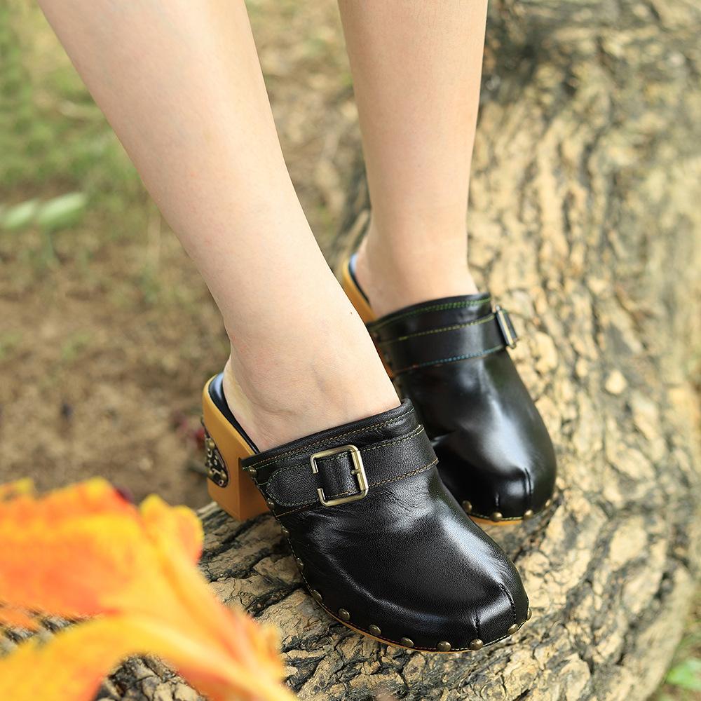 Pantofi de damă Sandale din piele naturală pantofi cu toc înalt pictați manual retro, la modă și elegante, în relief