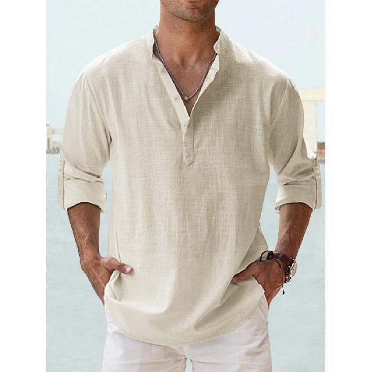 New Men'S Linen Stand Collar Long Sleeved T-Shirt Loose Sweatshirt Solid Color Long Sleeved Cotton Linen Shirt For Men