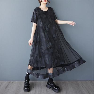 Short Sleeve Plus Size Black Mesh Vintage New In Dresses for Women Casual Loose Long Summer Dress