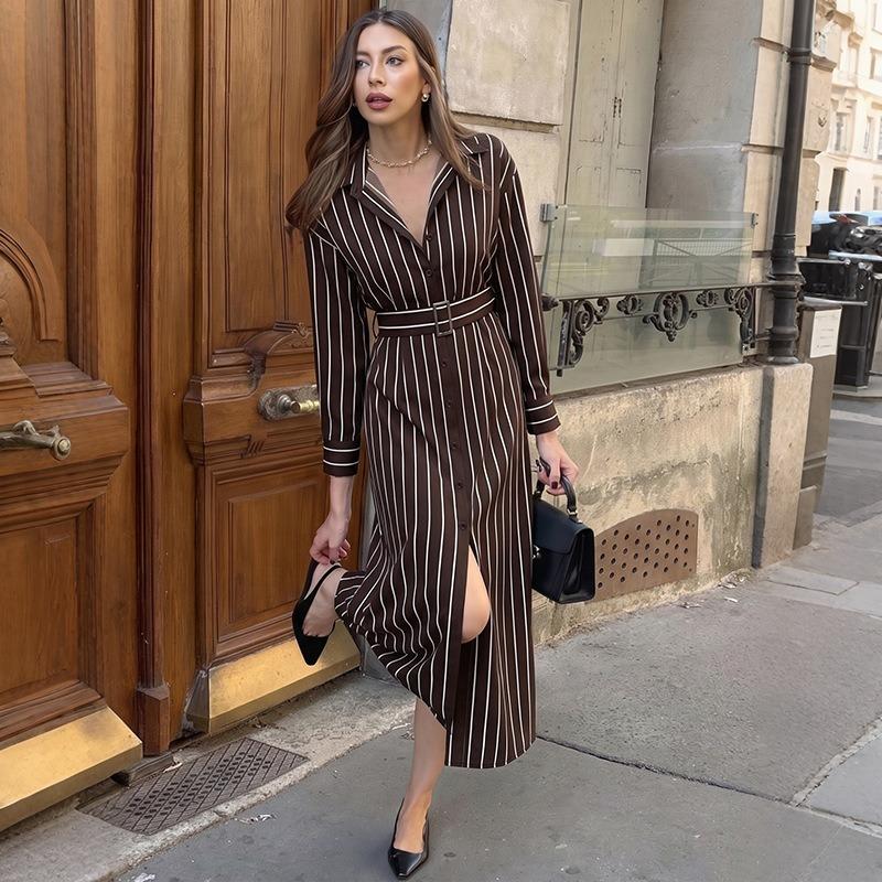Autumn New Striped Dress Temperament Commuter Shirt Long Dress, Hot-selling Simple Long Dress