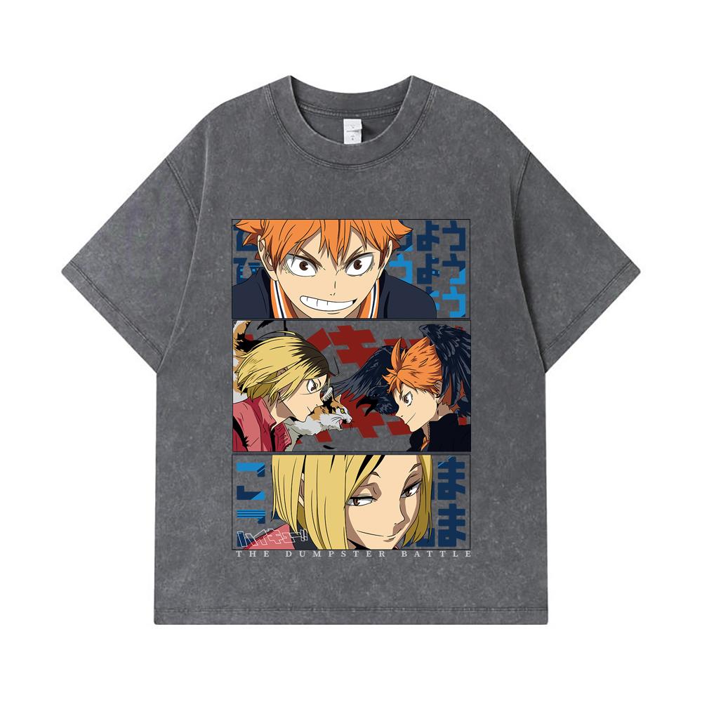 275 GSM Gewaschene T-Shirts 100% Baumwolle Haikyu V9 Mülltonnen-Schlacht Druck Unisex Schweres Baumwoll-T-Shirt