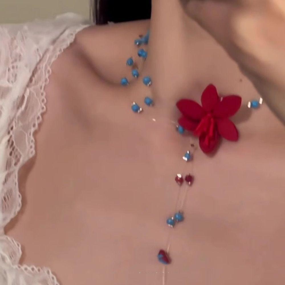 Contrasting Color Collarbone Chain High-end Women's Necklace Elegant Beaded Flower Necklace  Women