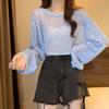 Loose lantern sleeves short hollow blouse women's summer tulle mesh candy color sweet round neck long-sleeved knitted sweater