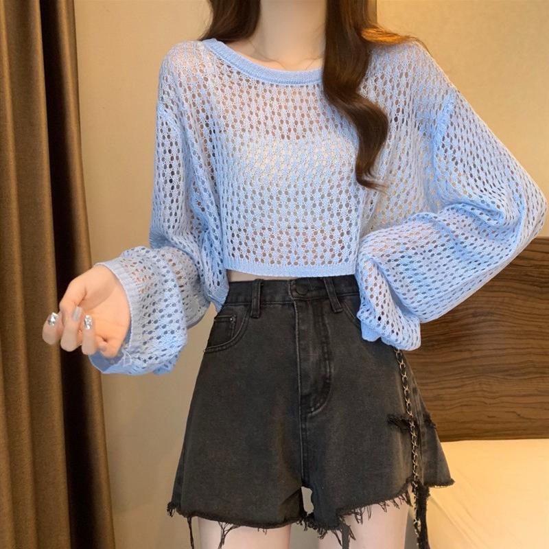 Loose lantern sleeves short hollow blouse women's summer tulle mesh candy color sweet round neck long-sleeved knitted sweater