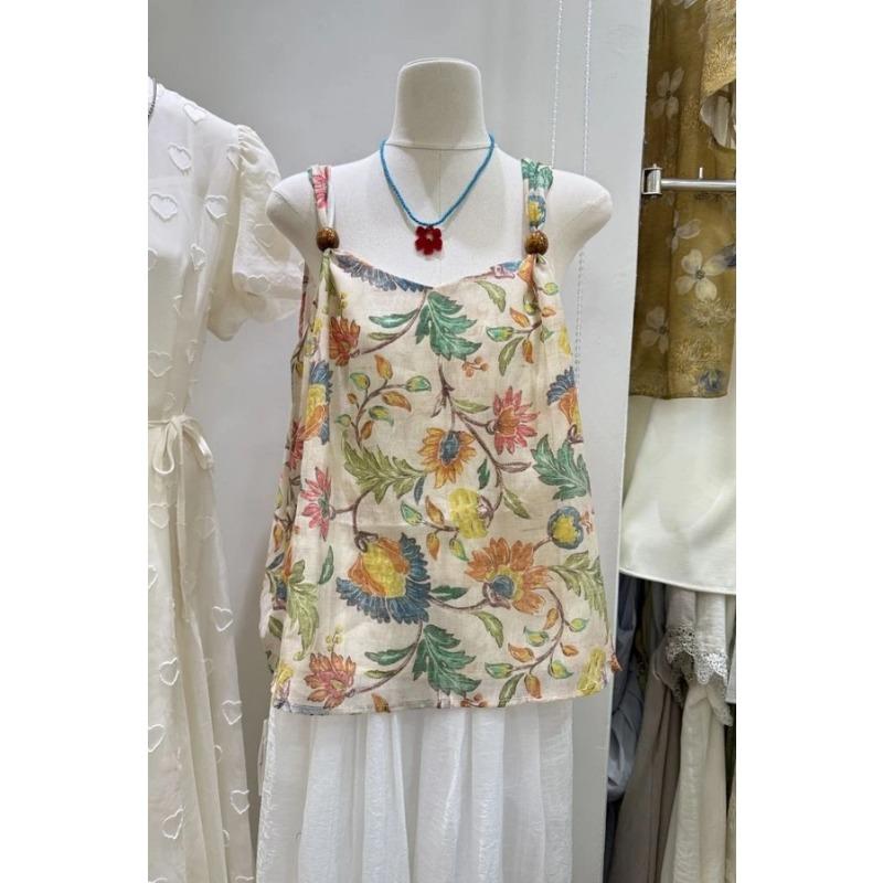 Womens Floral Print Beaded Strap Camisole Top S жёлтый