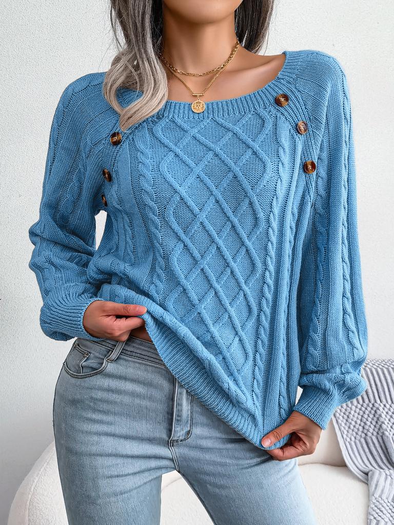 Autumn and Winter Casual Square Neck Button Twist Knitted Pullover Sweater