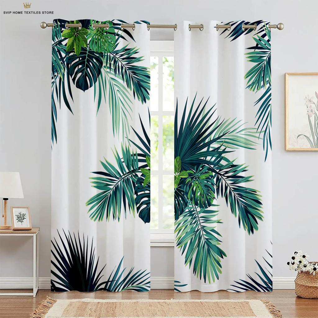 Tropical Vegetation Leaf Print Curtains, Polyester Fiber, Nordic Style Curtains, Suitable for Bedroom, Living Room, Decoration